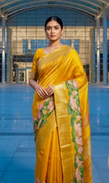 Pure Mangalagiri Pattu Saree in a bright yellow hue is a stunning representation of traditional Indian weaving ready to wear comes with stitched blouse