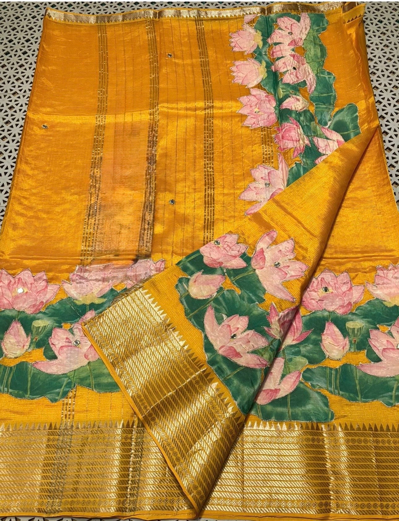 Pure Mangalagiri Pattu Saree in a bright yellow hue is a stunning representation of traditional Indian weaving ready to wear comes with stitched blouse