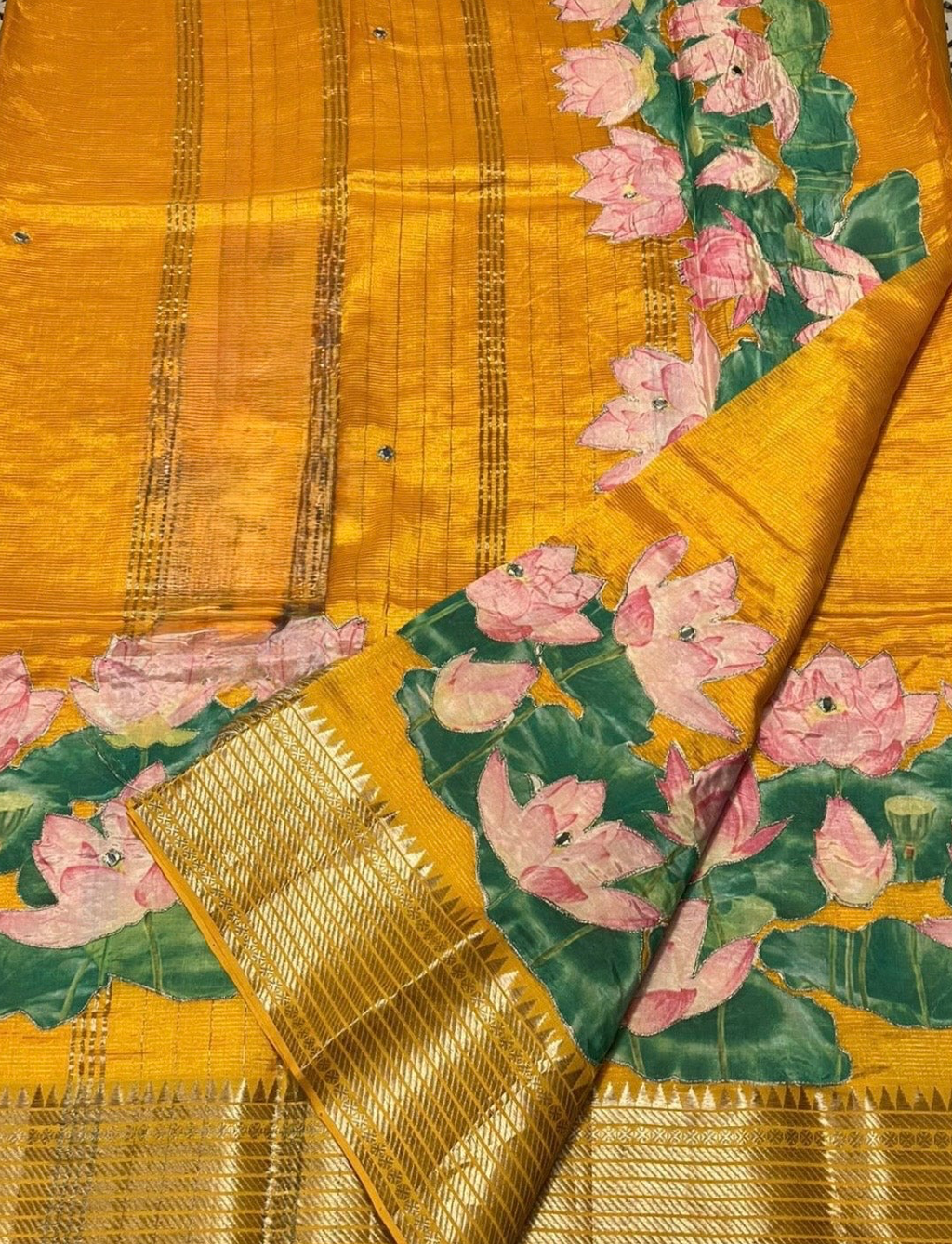 Floral ornamentation in New Pure Mangalagiri Pattu Saree in a bright yellow hue is a stunning representation of traditional Indian weaving ready to wear comes with stitched blouse