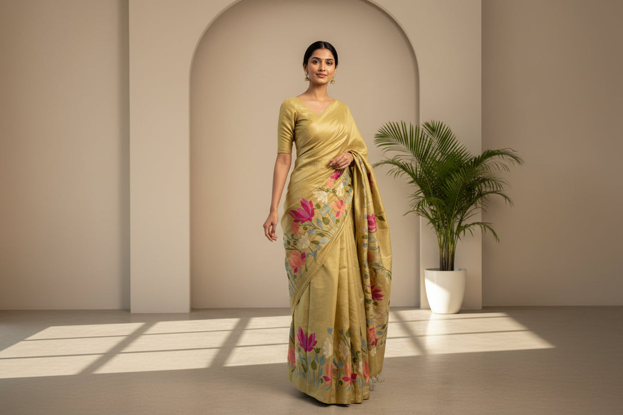 Floral Fantasy in New Pure Tussar Silk Saree with Silk Mark Certification & Intricate Embroidery with stitched blouse