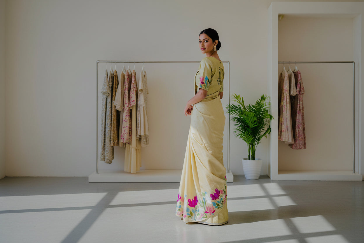 Floral Fantasy in New Pure Tussar Silk Saree with Silk Mark Certification & Intricate Embroidery with stitched blouse