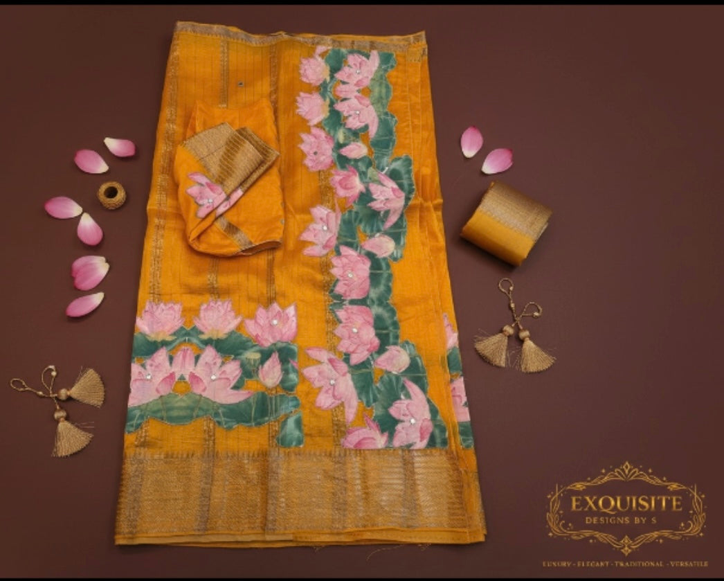 Floral ornamentation in New Pure Mangalagiri Pattu Saree in a bright yellow hue is a stunning representation of traditional Indian weaving ready to wear comes with stitched blouse