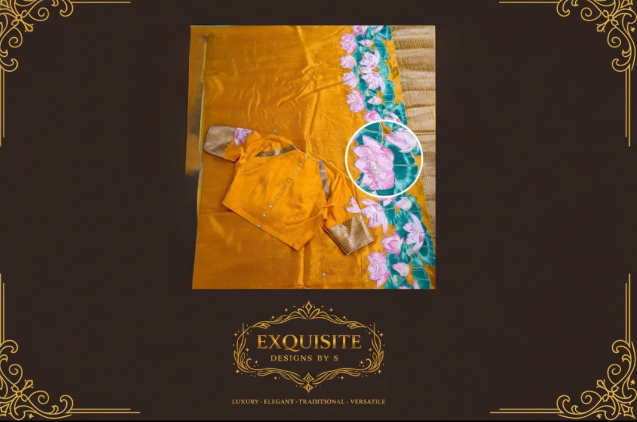 Floral ornamentation in New Pure Mangalagiri Pattu Saree in a bright yellow hue is a stunning representation of traditional Indian weaving ready to wear comes with stitched blouse