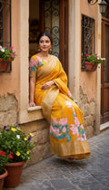 Floral ornamentation in New Pure Mangalagiri Pattu Saree in a bright yellow hue is a stunning representation of traditional Indian weaving ready to wear comes with stitched blouse