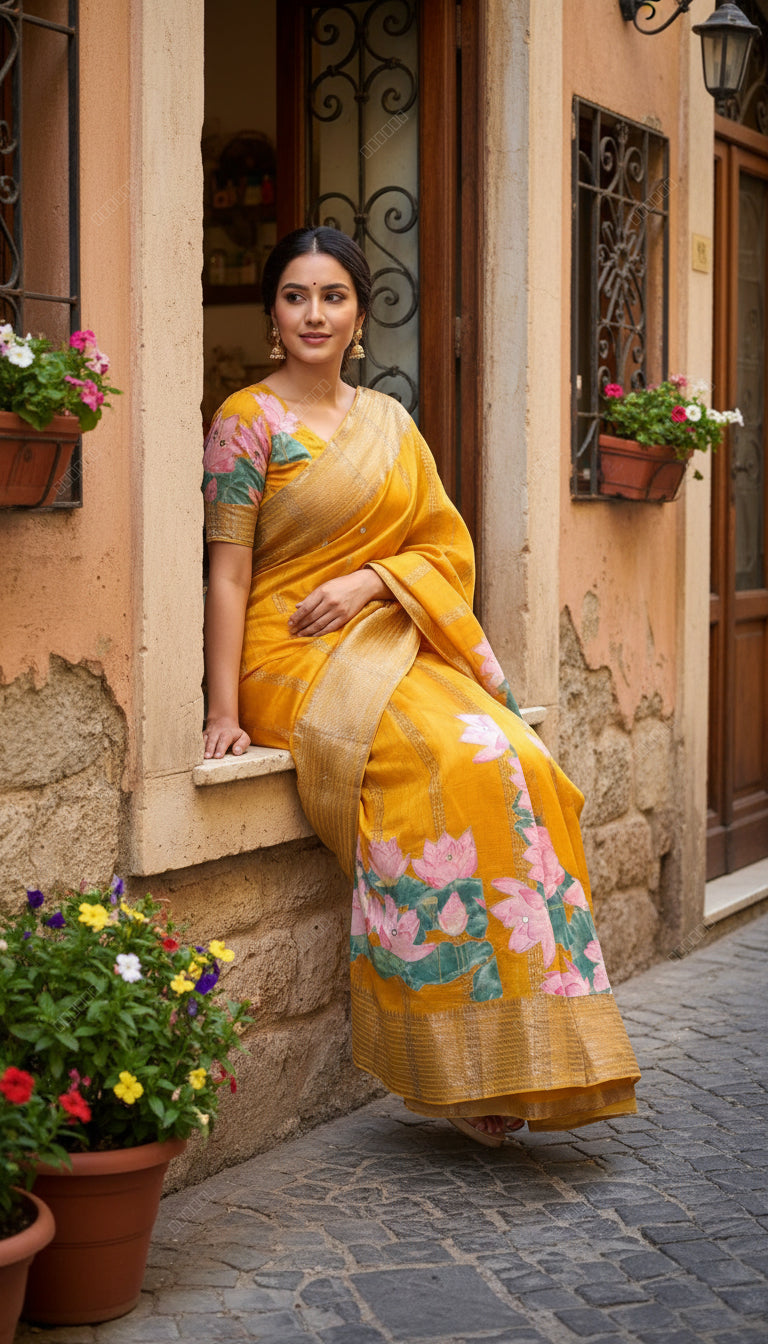 Floral ornamentation in New Pure Mangalagiri Pattu Saree in a bright yellow hue is a stunning representation of traditional Indian weaving ready to wear comes with stitched blouse