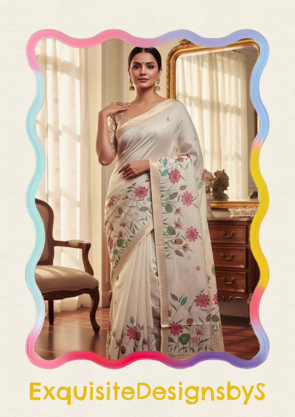 Garden Flowers in New Chanderi Silk Saree with Kantha Stitch Embroidery with Intricate Kantha Stitch Work