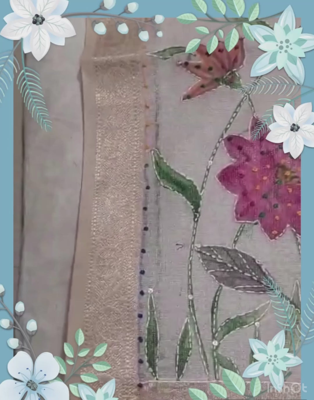 Garden Flowers in New Chanderi Silk Saree with Kantha Stitch Embroidery with Intricate Kantha Stitch Work