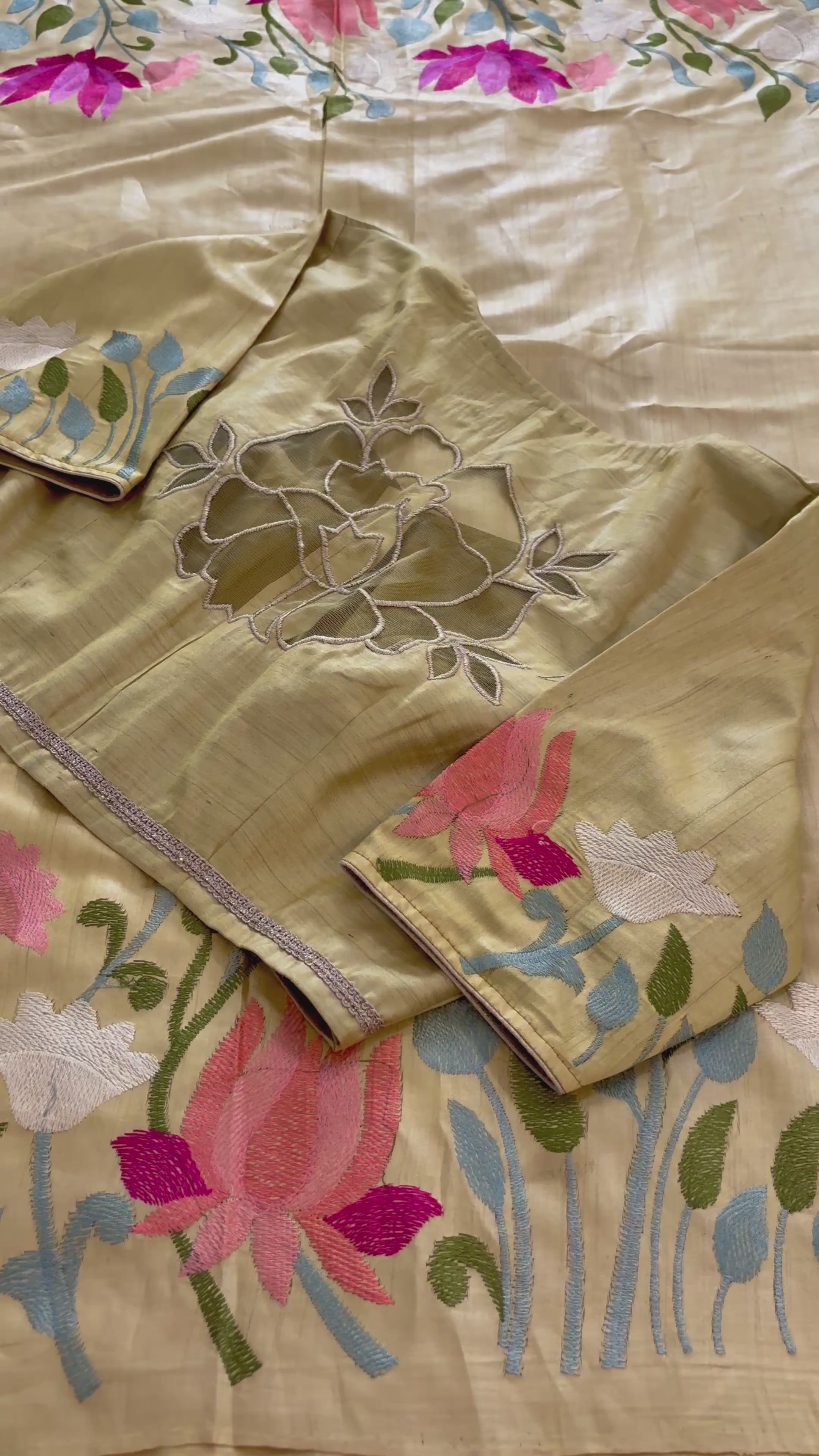 Floral Fantasy in New Pure Tussar Silk Saree with Silk Mark Certification & Intricate Embroidery with stitched blouse